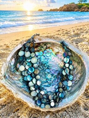 Iridescent Blue Disk Shell Mother of Pearl 5 Strand Heavy Necklace Silver Tone